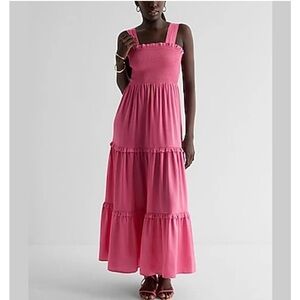 Pink square neck smocked tiered maxi dress